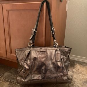 Metallic silver coach purse with matching wallet